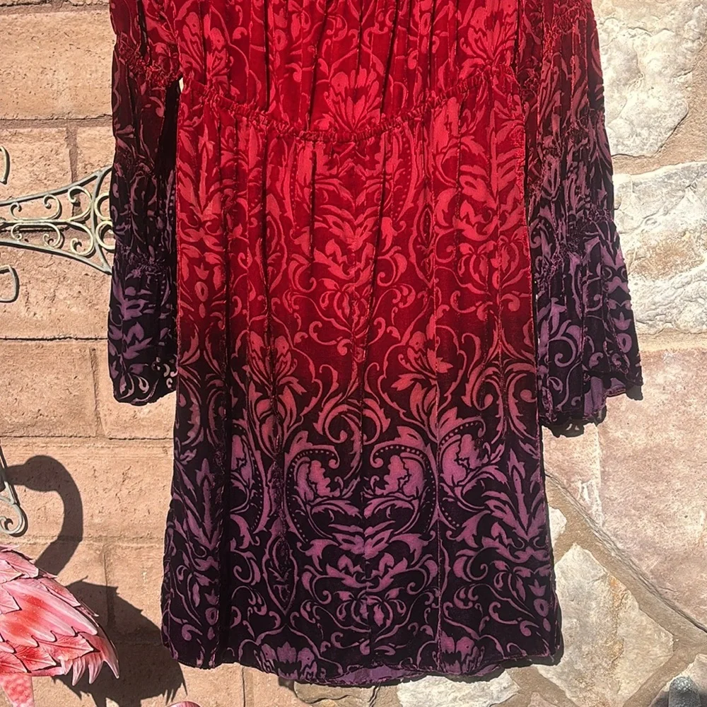Muse Boston Proper Dress Velvet Silk Peasant Ombré Red Long Sleeve Sz 8 Boho - Picture 8 of 10
